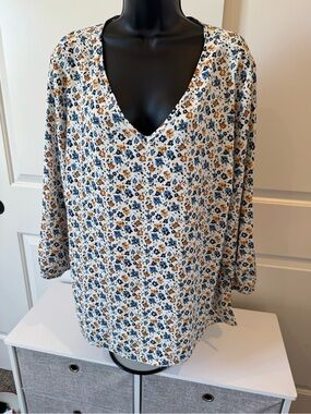 Mario Serrani V-Neck Floral Tunic Blouse - Blue & Mustard